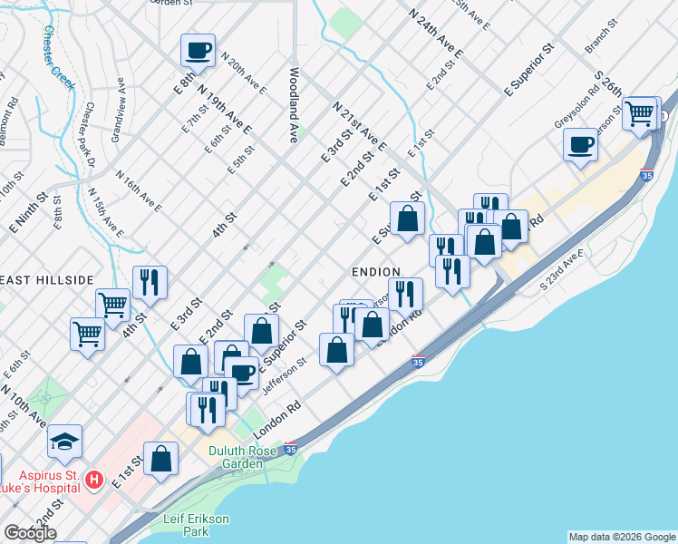 map of restaurants, bars, coffee shops, grocery stores, and more near in Duluth