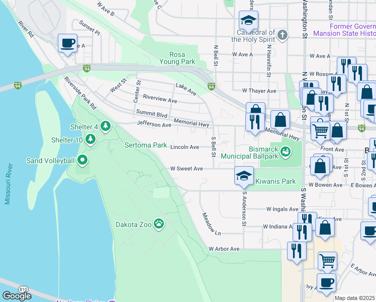 map of restaurants, bars, coffee shops, grocery stores, and more near 908 Lincoln Avenue in Bismarck