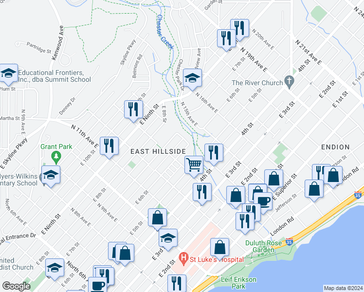 map of restaurants, bars, coffee shops, grocery stores, and more near 1321 East 6th Street in Duluth