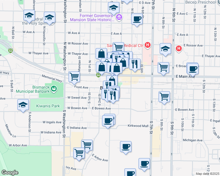map of restaurants, bars, coffee shops, grocery stores, and more near in Bismarck