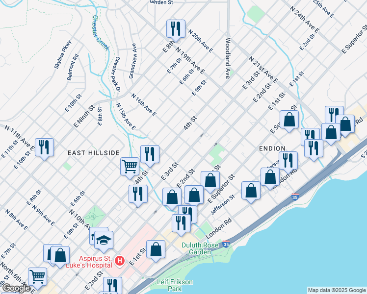 map of restaurants, bars, coffee shops, grocery stores, and more near in Duluth