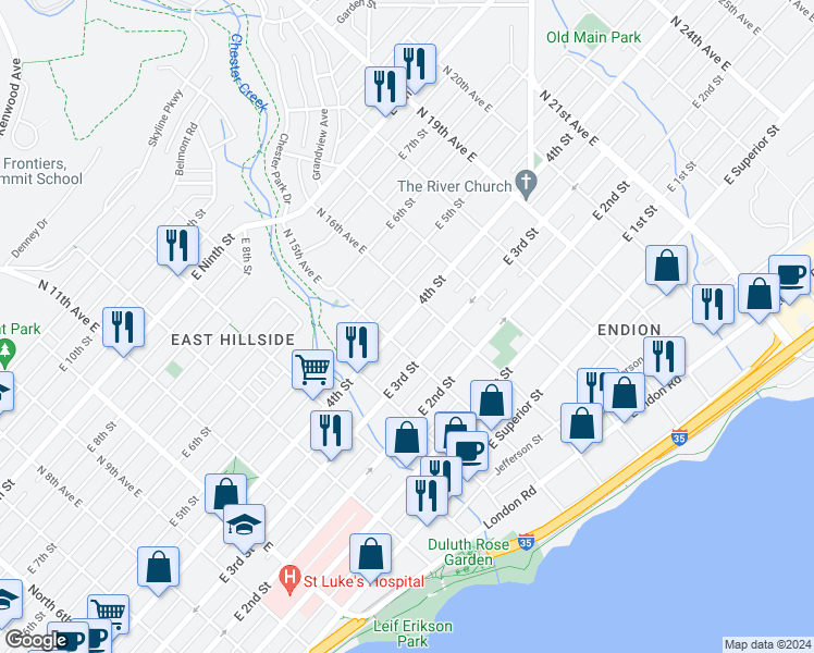 map of restaurants, bars, coffee shops, grocery stores, and more near 1515 East 4th Street in Duluth