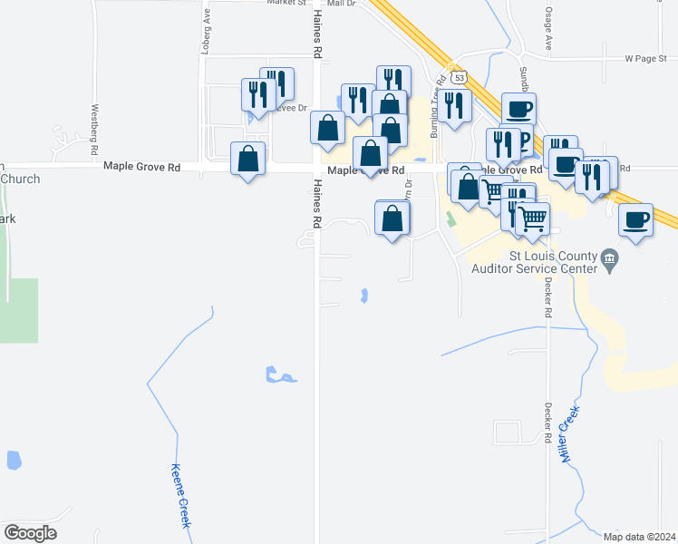 map of restaurants, bars, coffee shops, grocery stores, and more near 4056 Haines Road in Duluth