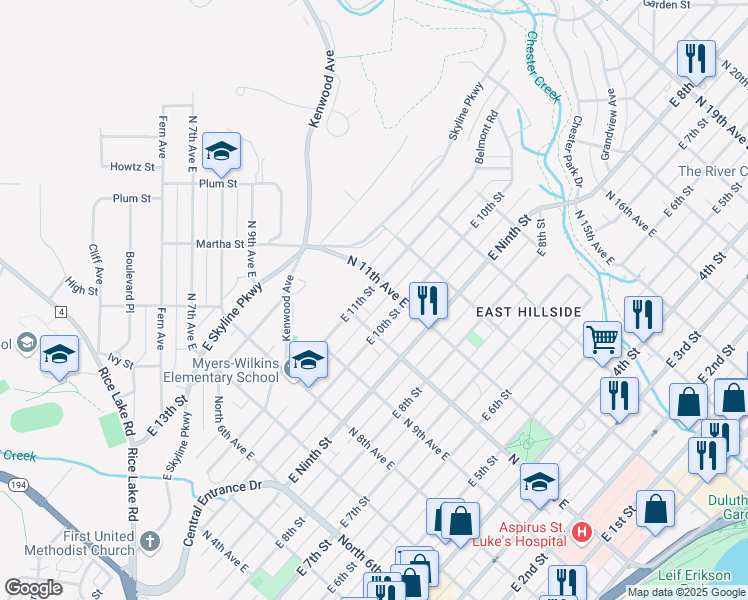 map of restaurants, bars, coffee shops, grocery stores, and more near 1022 East 11th Street in Duluth