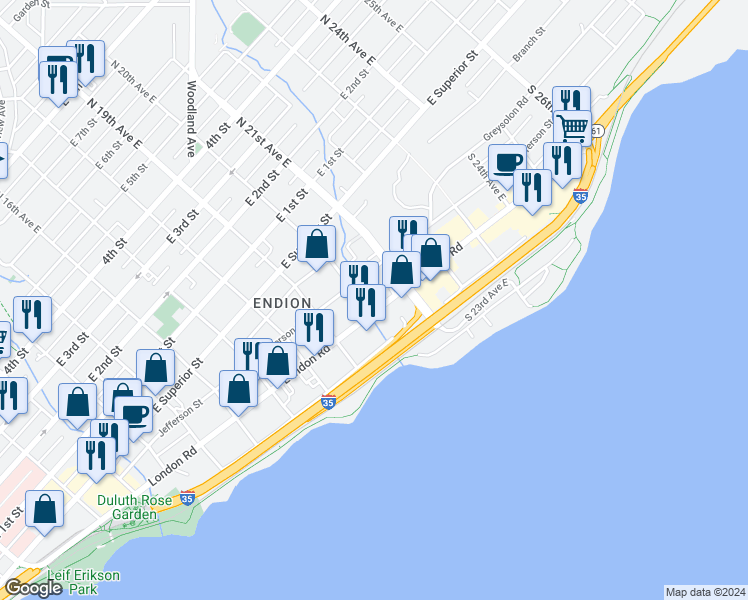 map of restaurants, bars, coffee shops, grocery stores, and more near 2009 London Road in Duluth