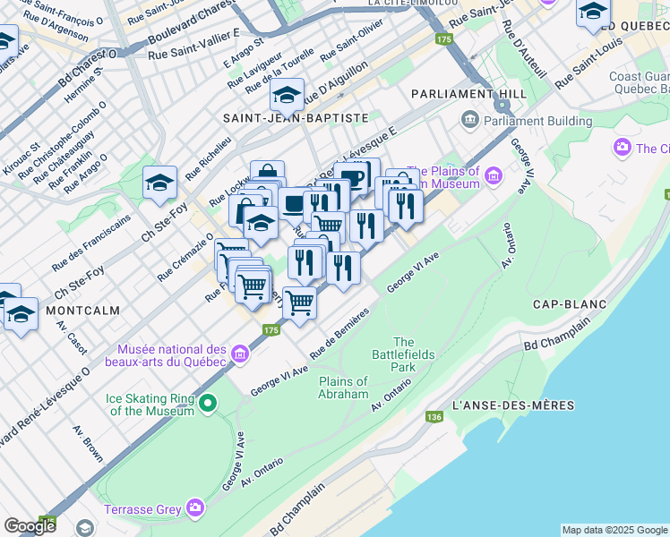map of restaurants, bars, coffee shops, grocery stores, and more near 1181 Avenue Turnbull in Ville de Québec