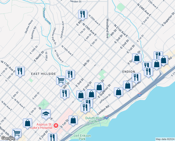 map of restaurants, bars, coffee shops, grocery stores, and more near 1531 East 3rd Street in Duluth
