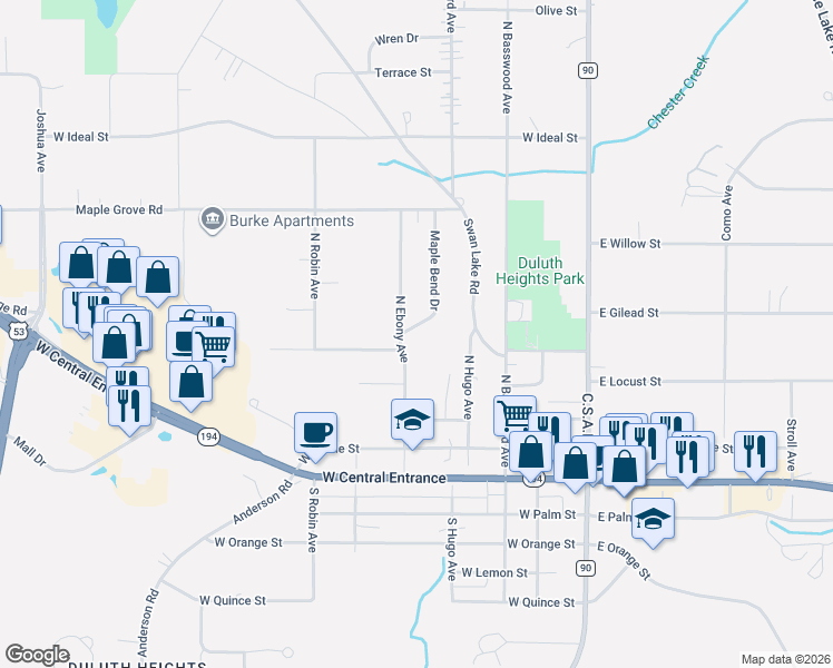 map of restaurants, bars, coffee shops, grocery stores, and more near 605 Maple Bend Drive in Duluth