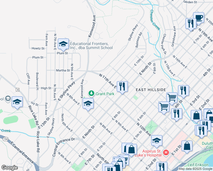 map of restaurants, bars, coffee shops, grocery stores, and more near 1022 East 11th Street in Duluth