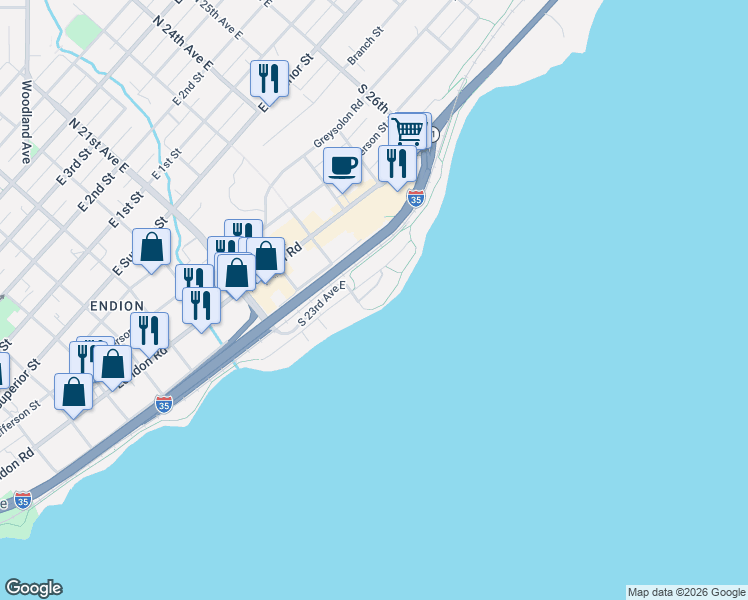 map of restaurants, bars, coffee shops, grocery stores, and more near 2330 East Water Street in Duluth