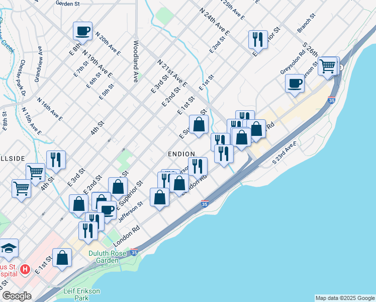 map of restaurants, bars, coffee shops, grocery stores, and more near in Duluth