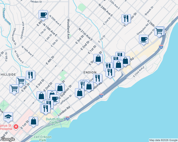 map of restaurants, bars, coffee shops, grocery stores, and more near in Duluth