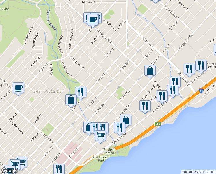 map of restaurants, bars, coffee shops, grocery stores, and more near 1618 East 3rd Street in Duluth