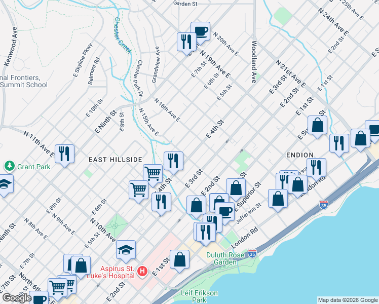 map of restaurants, bars, coffee shops, grocery stores, and more near 1515 East 4th Street in Duluth