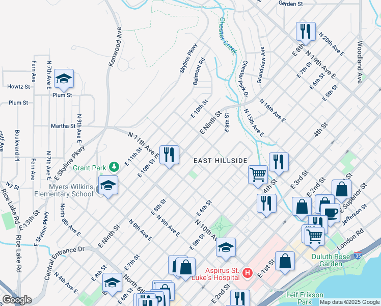 map of restaurants, bars, coffee shops, grocery stores, and more near 1208 East 9th Street in Duluth