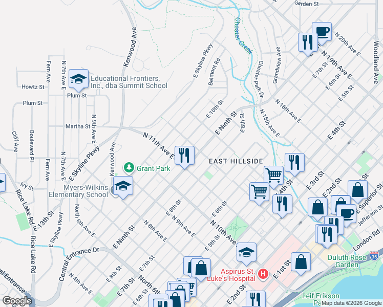 map of restaurants, bars, coffee shops, grocery stores, and more near 919 North 12th Avenue East in Duluth