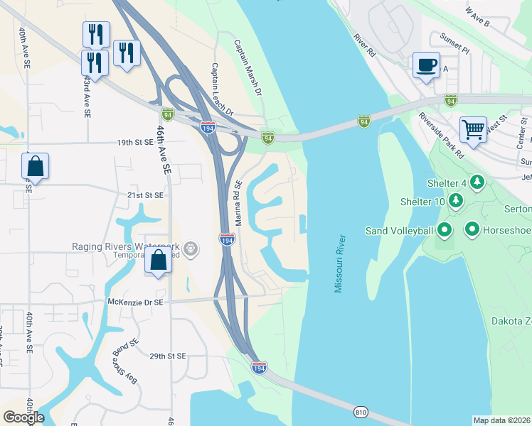 map of restaurants, bars, coffee shops, grocery stores, and more near 2333 Bayview Court in Mandan