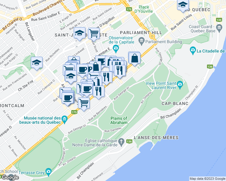 map of restaurants, bars, coffee shops, grocery stores, and more near 470 Avenue Wilfrid-Laurier in Québec