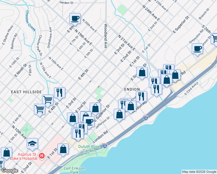map of restaurants, bars, coffee shops, grocery stores, and more near 1711 East 1st Street in Duluth
