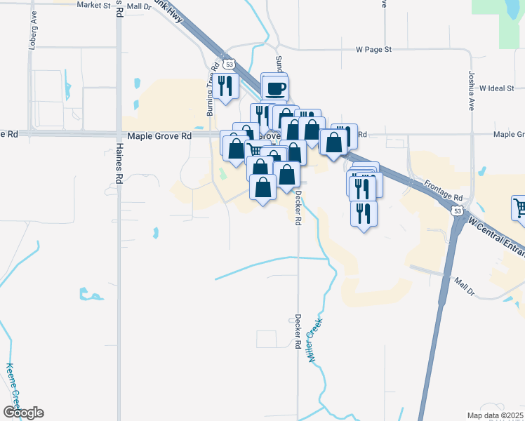 map of restaurants, bars, coffee shops, grocery stores, and more near 4725 Decker Road in Duluth