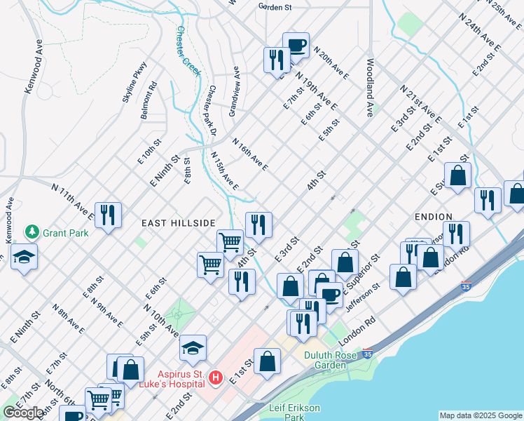 map of restaurants, bars, coffee shops, grocery stores, and more near 423 North 15th Avenue East in Duluth