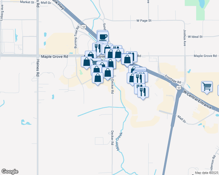 map of restaurants, bars, coffee shops, grocery stores, and more near 1700 Mall Drive in Duluth