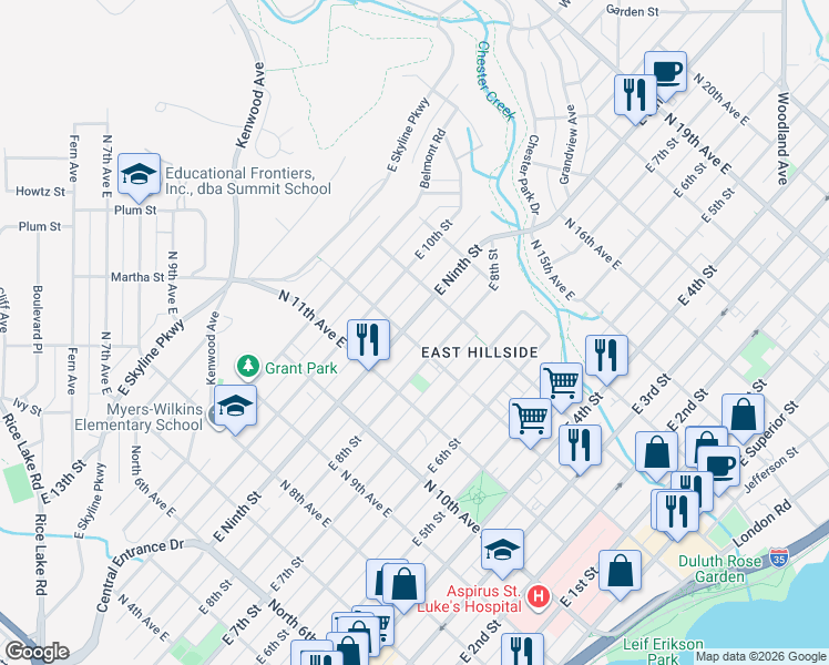 map of restaurants, bars, coffee shops, grocery stores, and more near 1208 East 9th Street in Duluth