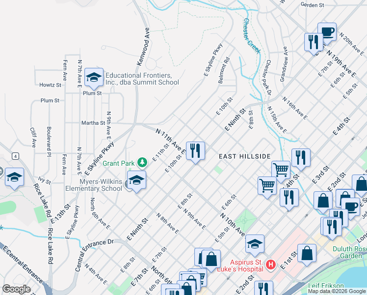 map of restaurants, bars, coffee shops, grocery stores, and more near 1103 East 10th Street in Duluth