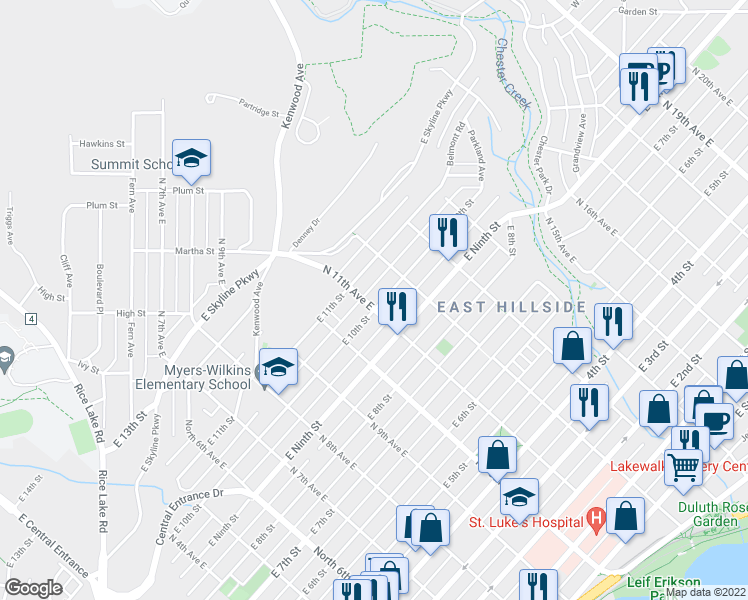 map of restaurants, bars, coffee shops, grocery stores, and more near 1103 East 10th Street in Duluth