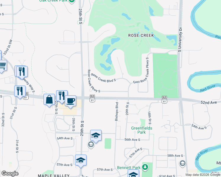 map of restaurants, bars, coffee shops, grocery stores, and more near 5116 Rose Creek Parkway South in Fargo