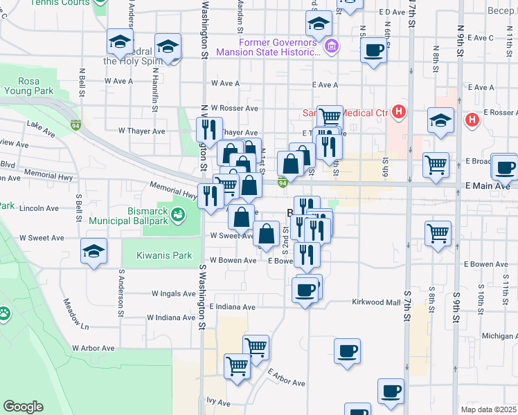 map of restaurants, bars, coffee shops, grocery stores, and more near 100 West Front Avenue in Bismarck