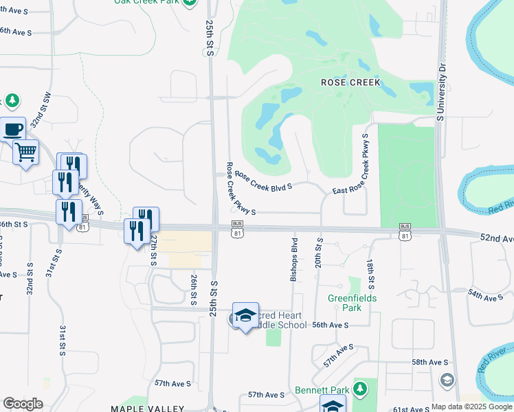 map of restaurants, bars, coffee shops, grocery stores, and more near 5040 Rose Creek Parkway South in Fargo