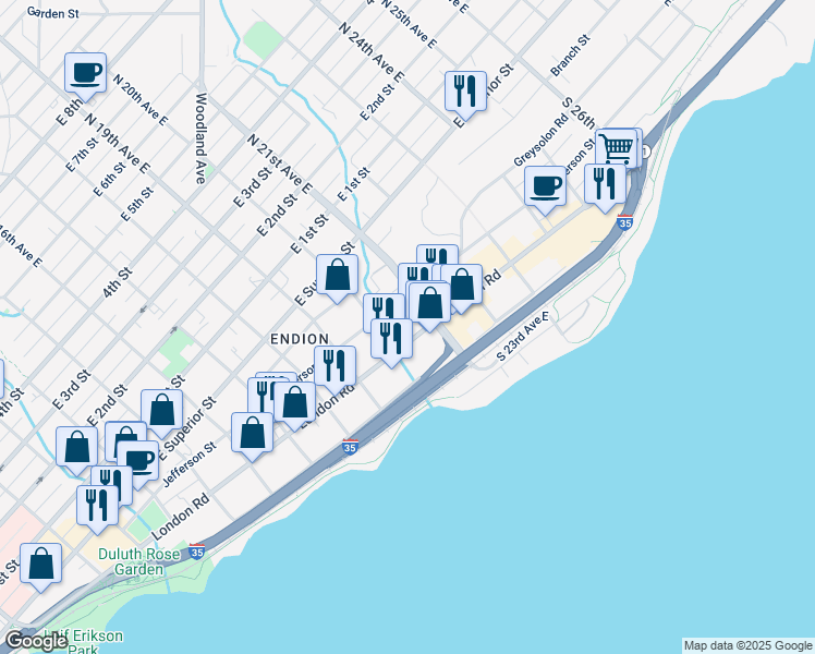 map of restaurants, bars, coffee shops, grocery stores, and more near 2015 London Road in Duluth