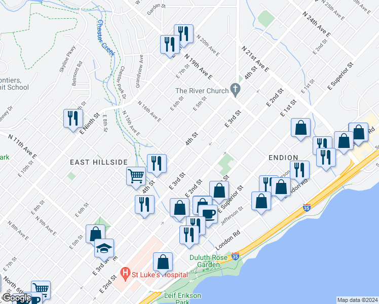 map of restaurants, bars, coffee shops, grocery stores, and more near 317 North 16th Avenue East in Duluth