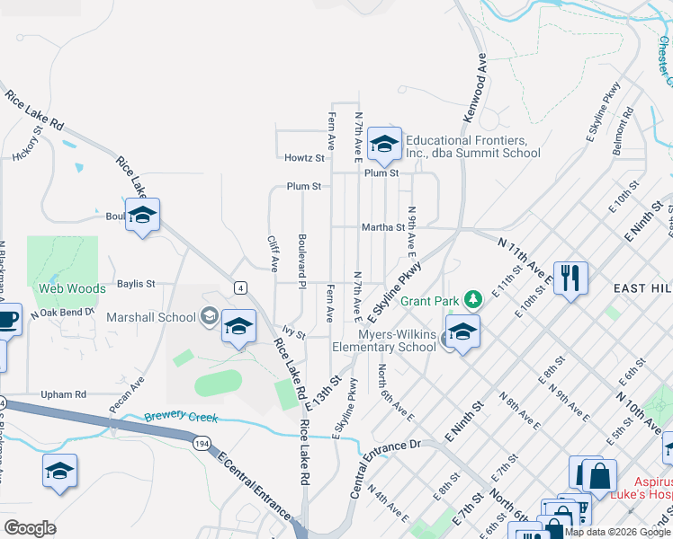 map of restaurants, bars, coffee shops, grocery stores, and more near 1403 Fern Avenue in Duluth