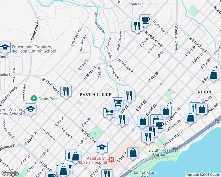 map of restaurants, bars, coffee shops, grocery stores, and more near 615 North 14th Avenue East in Duluth
