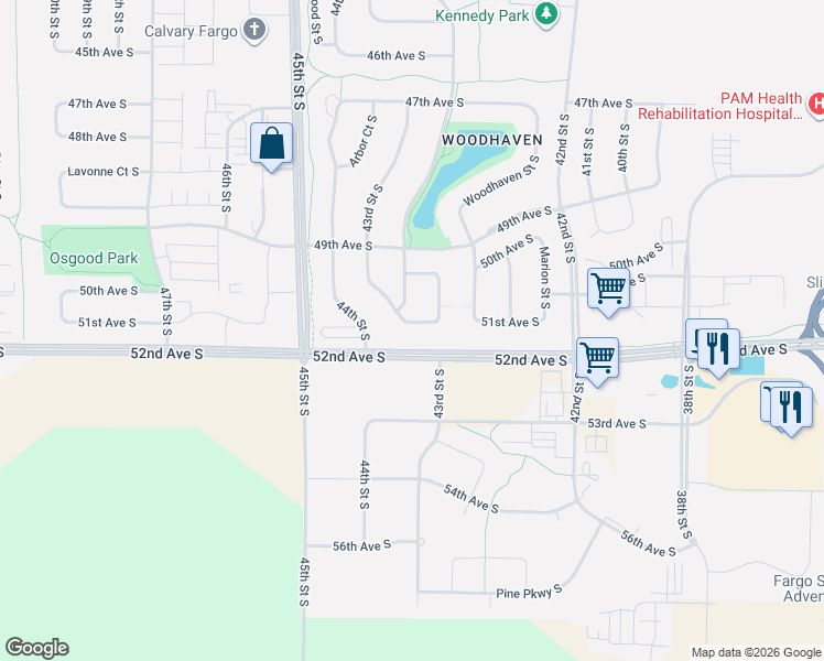 map of restaurants, bars, coffee shops, grocery stores, and more near 5092 Loden Court South in Fargo