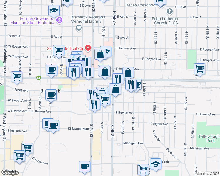 map of restaurants, bars, coffee shops, grocery stores, and more near 820 East Front Avenue in Bismarck