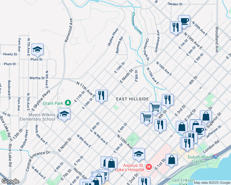 map of restaurants, bars, coffee shops, grocery stores, and more near 1208 East 9th Street in Duluth