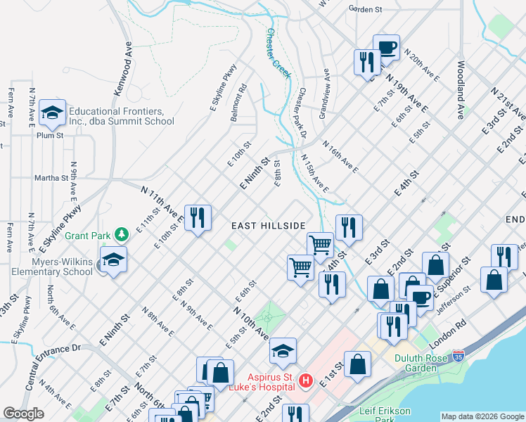 map of restaurants, bars, coffee shops, grocery stores, and more near 1227 East 8th Street in Duluth