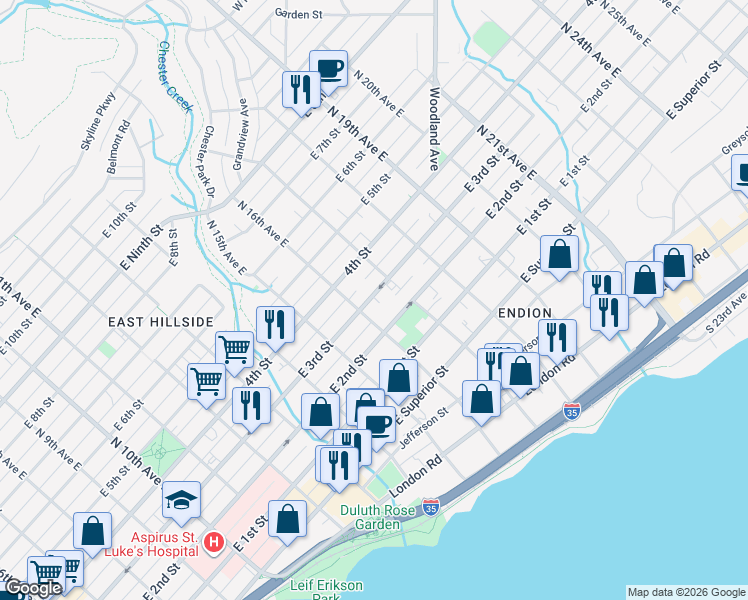 map of restaurants, bars, coffee shops, grocery stores, and more near 1614 East 3rd Street in Duluth