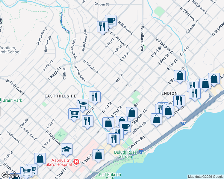 map of restaurants, bars, coffee shops, grocery stores, and more near in Duluth