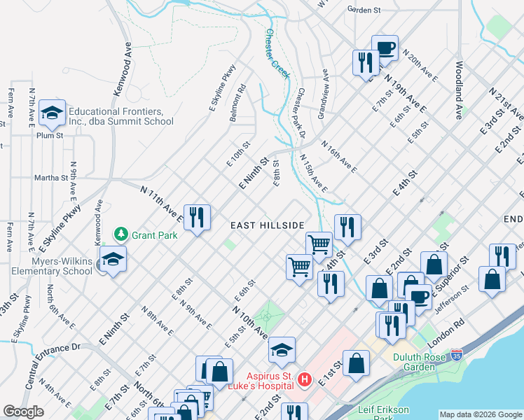 map of restaurants, bars, coffee shops, grocery stores, and more near 1227 East 8th Street in Duluth