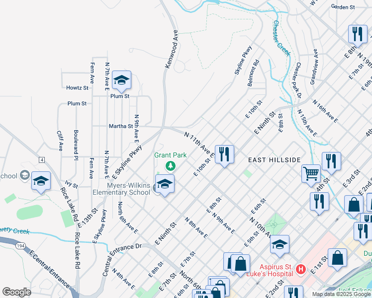 map of restaurants, bars, coffee shops, grocery stores, and more near 1022 East 11th Street in Duluth