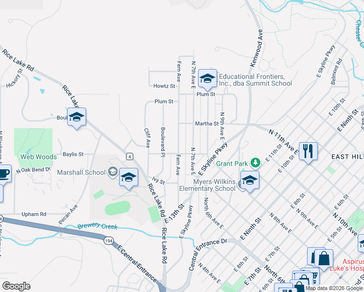 map of restaurants, bars, coffee shops, grocery stores, and more near 1403 Fern Avenue in Duluth