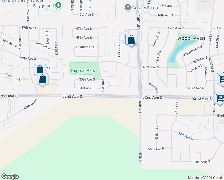 map of restaurants, bars, coffee shops, grocery stores, and more near 5190 47th Street South in Fargo