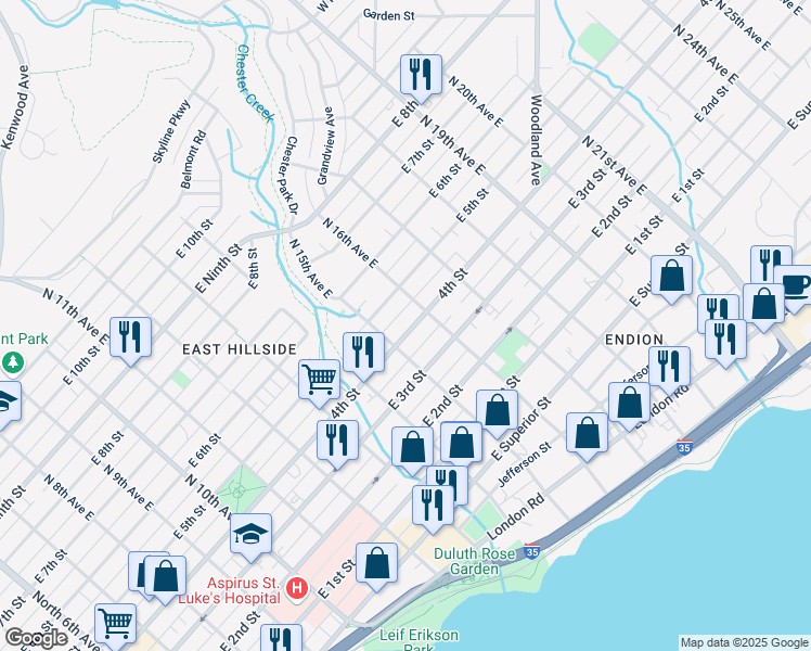 map of restaurants, bars, coffee shops, grocery stores, and more near 1515 East 4th Street in Duluth