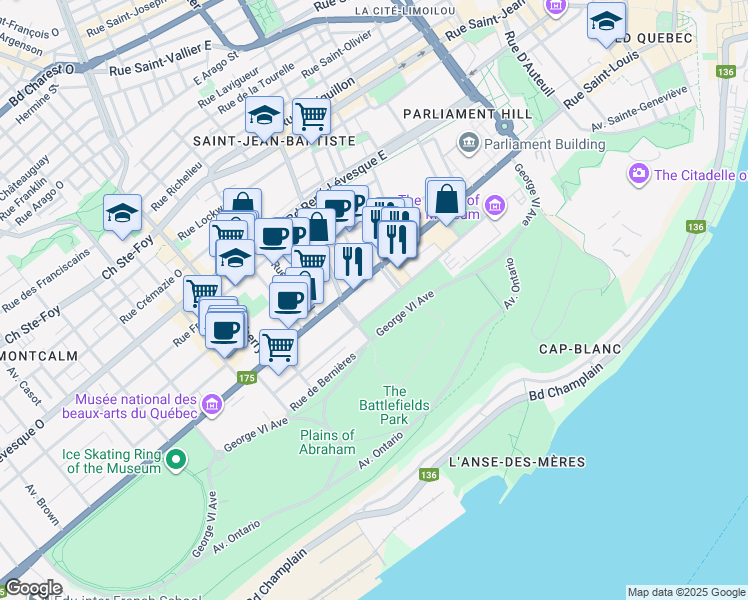 map of restaurants, bars, coffee shops, grocery stores, and more near 490 Avenue Wilfrid-Laurier in Québec