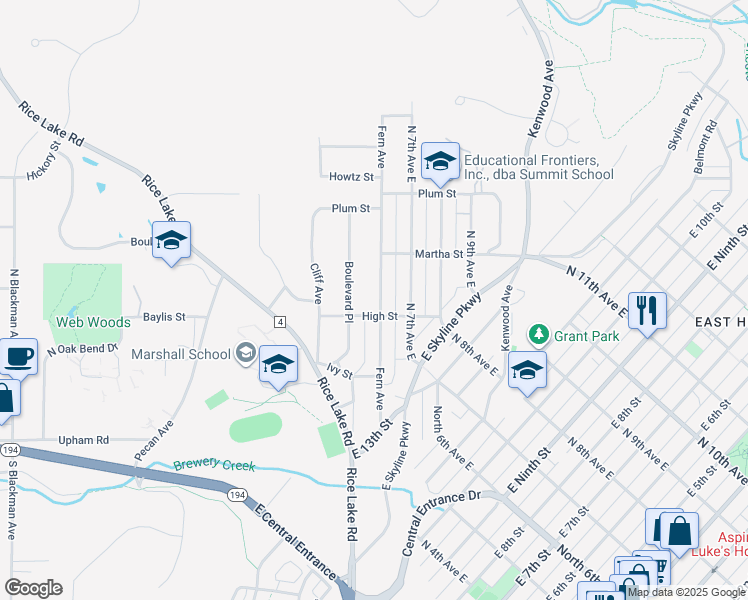 map of restaurants, bars, coffee shops, grocery stores, and more near 1403 Fern Avenue in Duluth