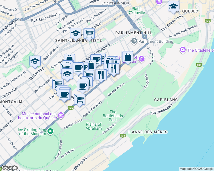 map of restaurants, bars, coffee shops, grocery stores, and more near 490 Avenue Wilfrid-Laurier in Québec